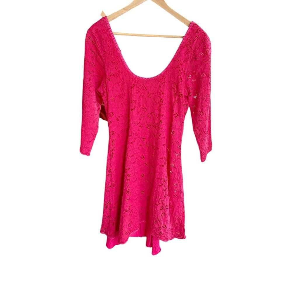 Free People Pink Magenta Lace Mini Dress Womens L 3/4 Sleeve Flare Scoop Neck